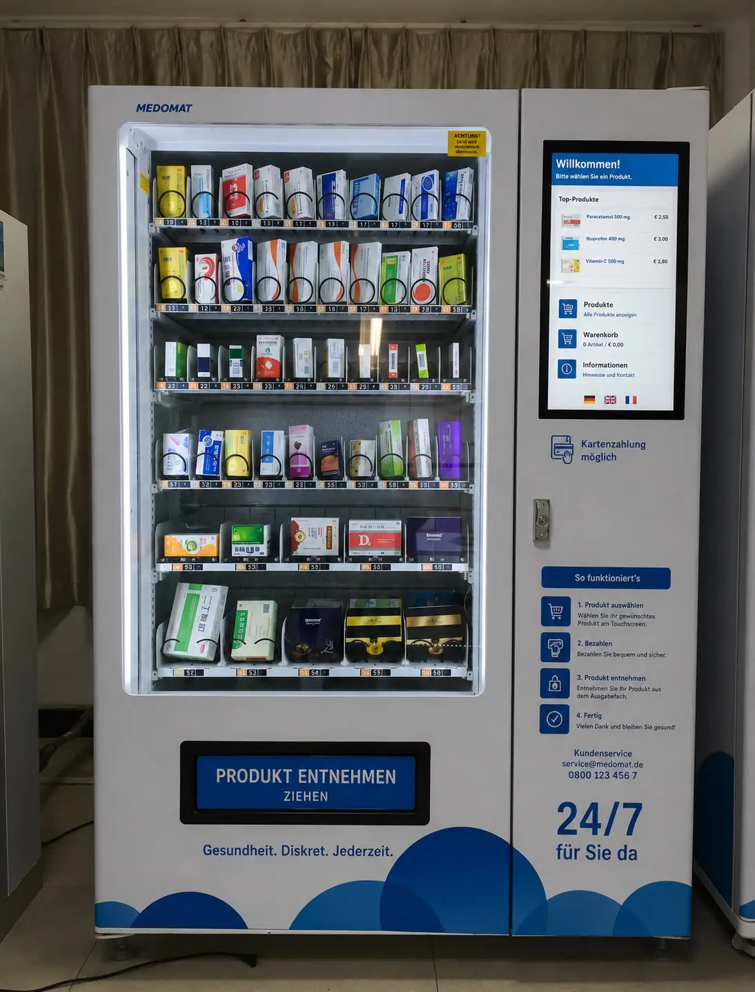 Derselbe Apothekenautomat, ganzes Gerät: sechs Ebenen mit Arzneischachteln in Gleitkanälen hinter Glas, daneben Touchscreen und Ausgabefach.