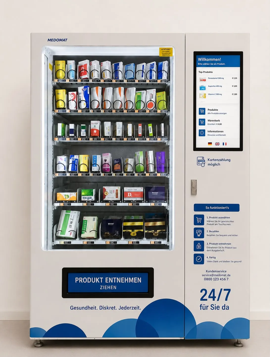 Apothekenautomat in Weiß und Blau, sechs Ebenen mit Arzneischachteln in Gleitkanälen hinter Glas, daneben ein hochformatiger Touchscreen mit Produktliste.