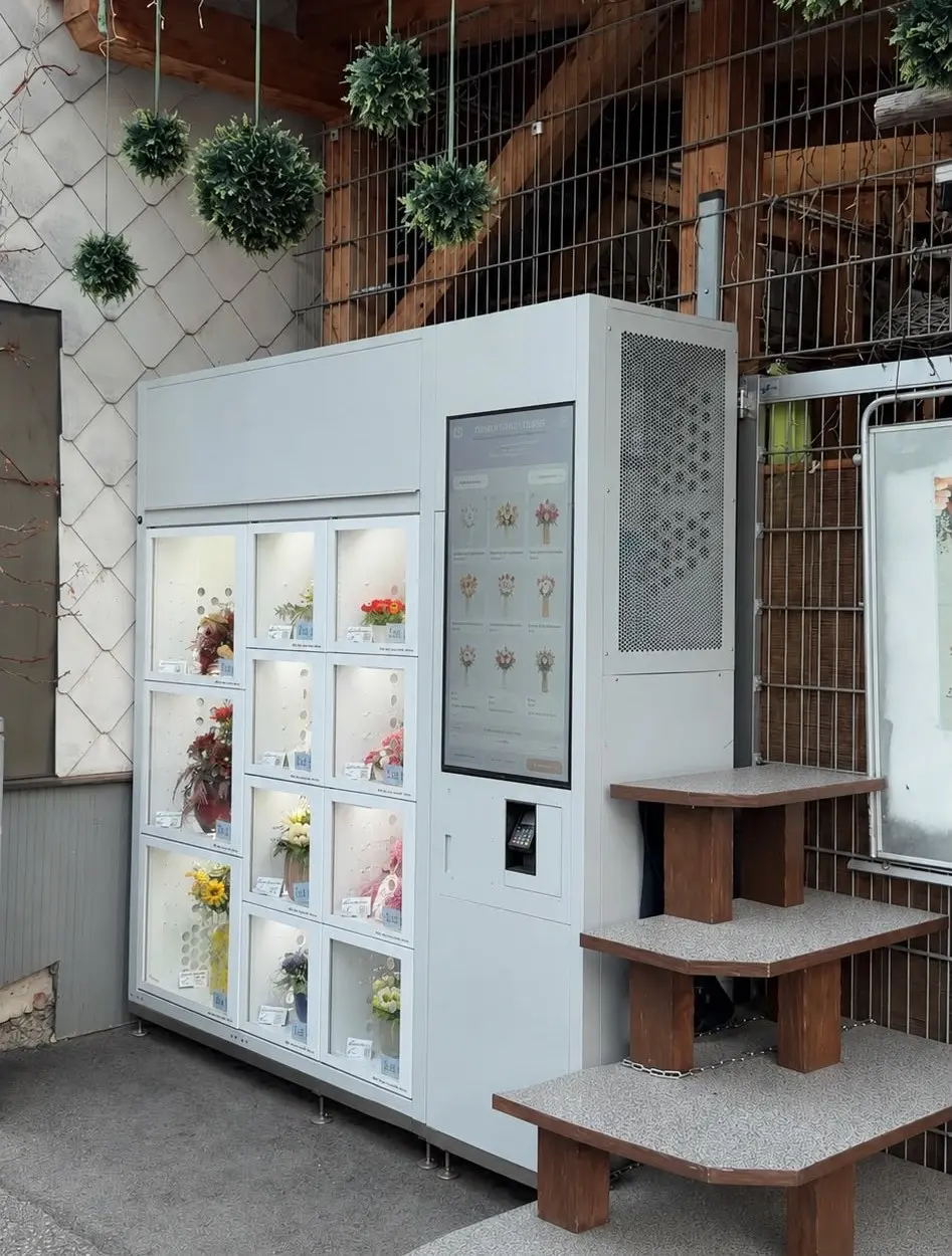 Ein im Freien aufgestellter Blumenautomat unter einem Holzvordach, beleuchtete Fächer mit Sträußen hinter Glas, daneben ein hochformatiger Touchscreen mit Produktliste und ein Kartenleser. Über dem Gerät hängen Pflanzenkugeln.