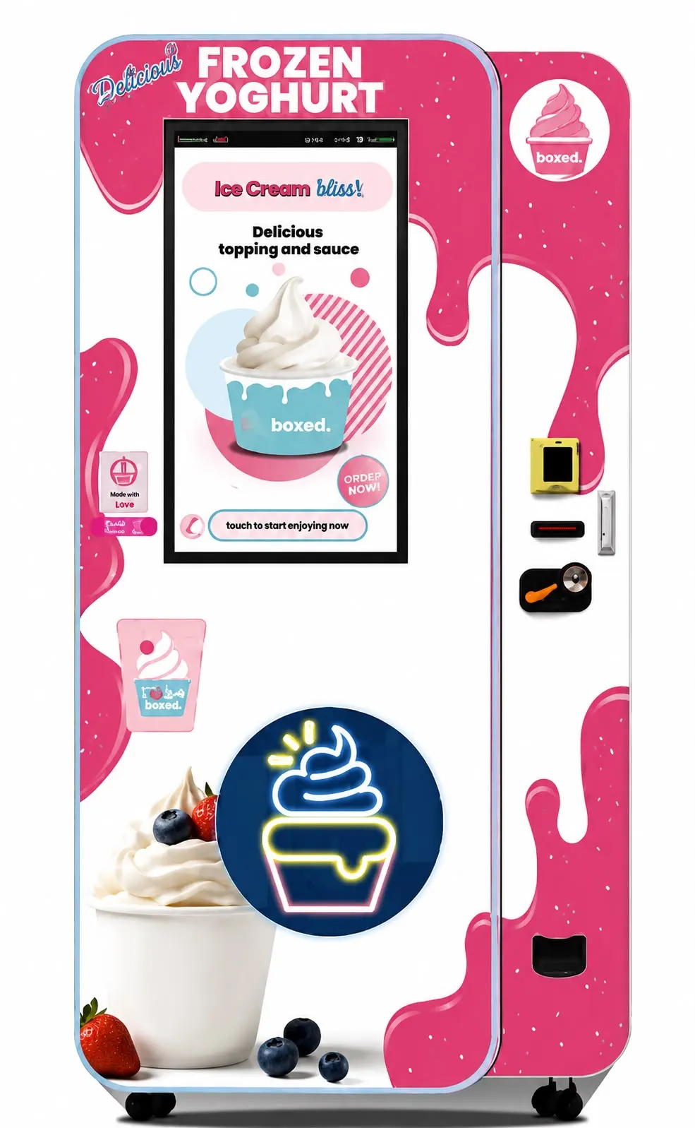boxed. Frozen-Yogurt-Automat in Pink und Weiß mit hochformatigem Touchscreen und Becherausgabe.