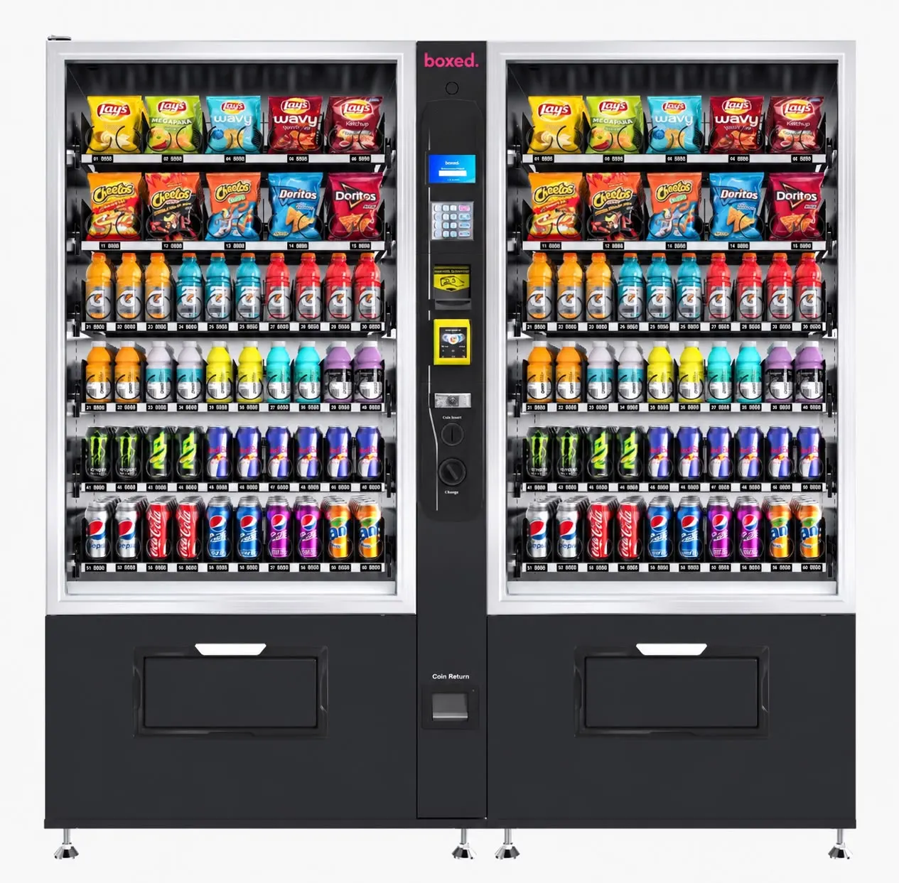 boxed. Getränke- und Snackautomat als Doppelgerät: zwei gleich bestückte Vitrinen, dazwischen ein schmaler Bedienturm mit Display, Tastenfeld, Kartenleser und Münzeinwurf.
