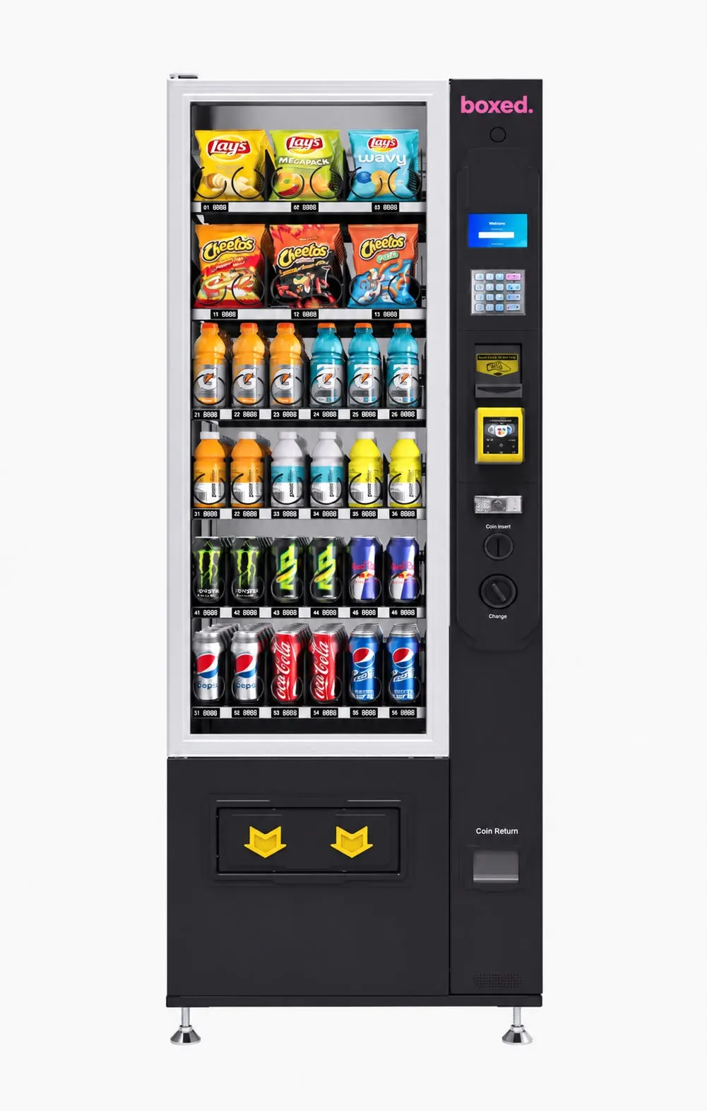 boxed. Getränke- und Snackautomat von vorn, schmalstes Gehäuse mit drei Spalten je Snackebene, unten eine Ausgabeklappe mit zwei gelben Pfeilen.