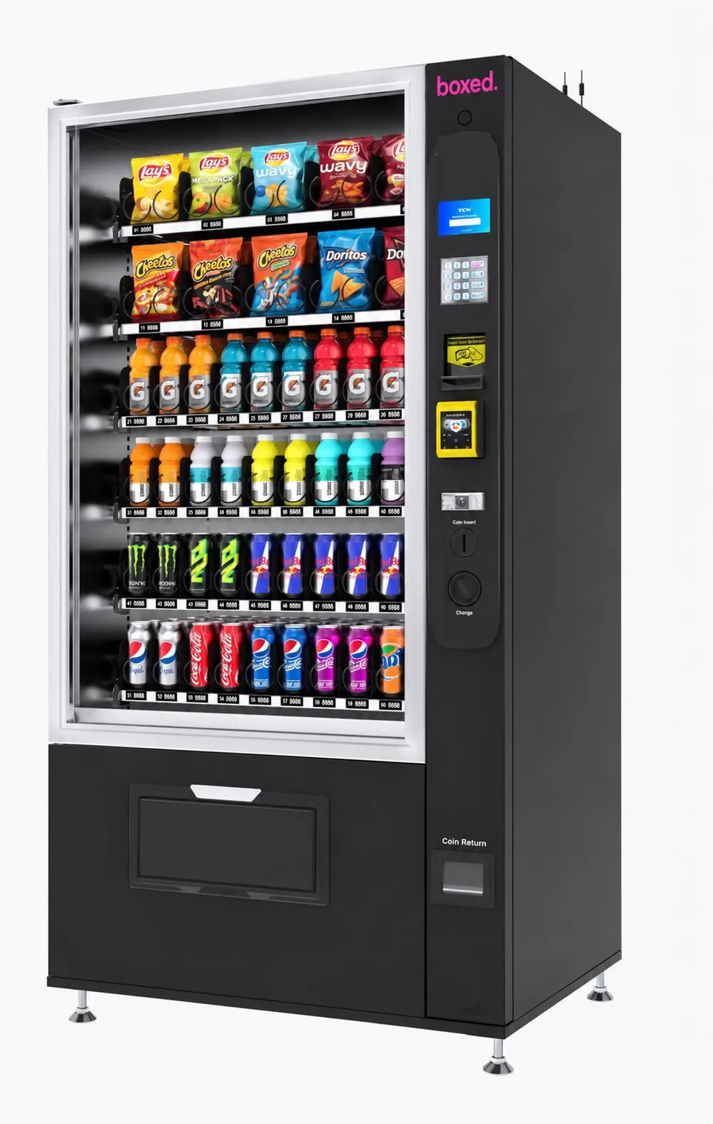 Derselbe Automat von schräg vorn; das schwarze Gehäuse reicht weit nach hinten, die Bedienspalte sitzt an der Vorderkante.