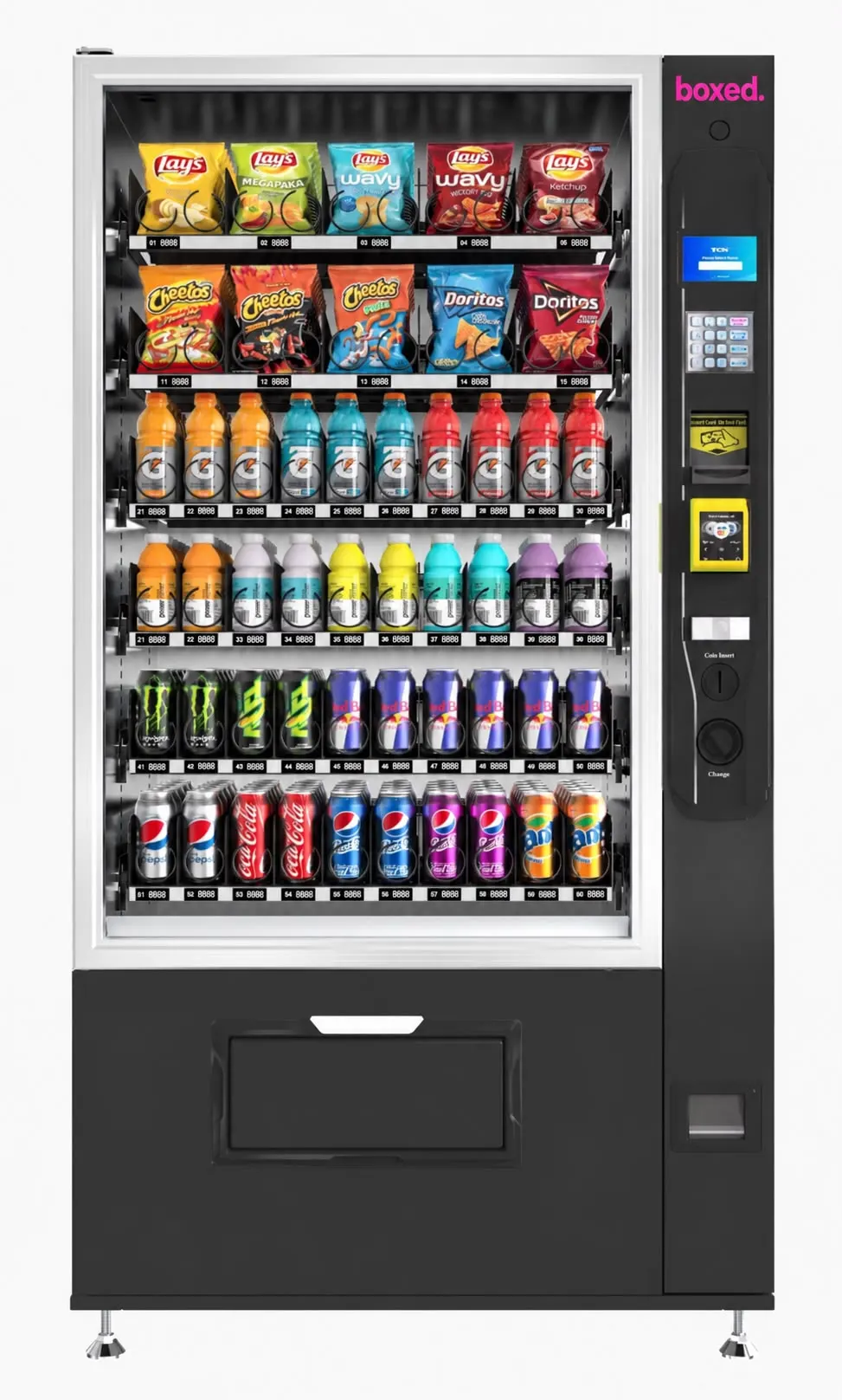 boxed. Getränke- und Snackautomat von vorn, sechs Ebenen mit Chips, Sportgetränken und Dosen, rechts eine Bedienspalte mit Display, Tastenfeld, Kartenleser und Münzeinwurf.