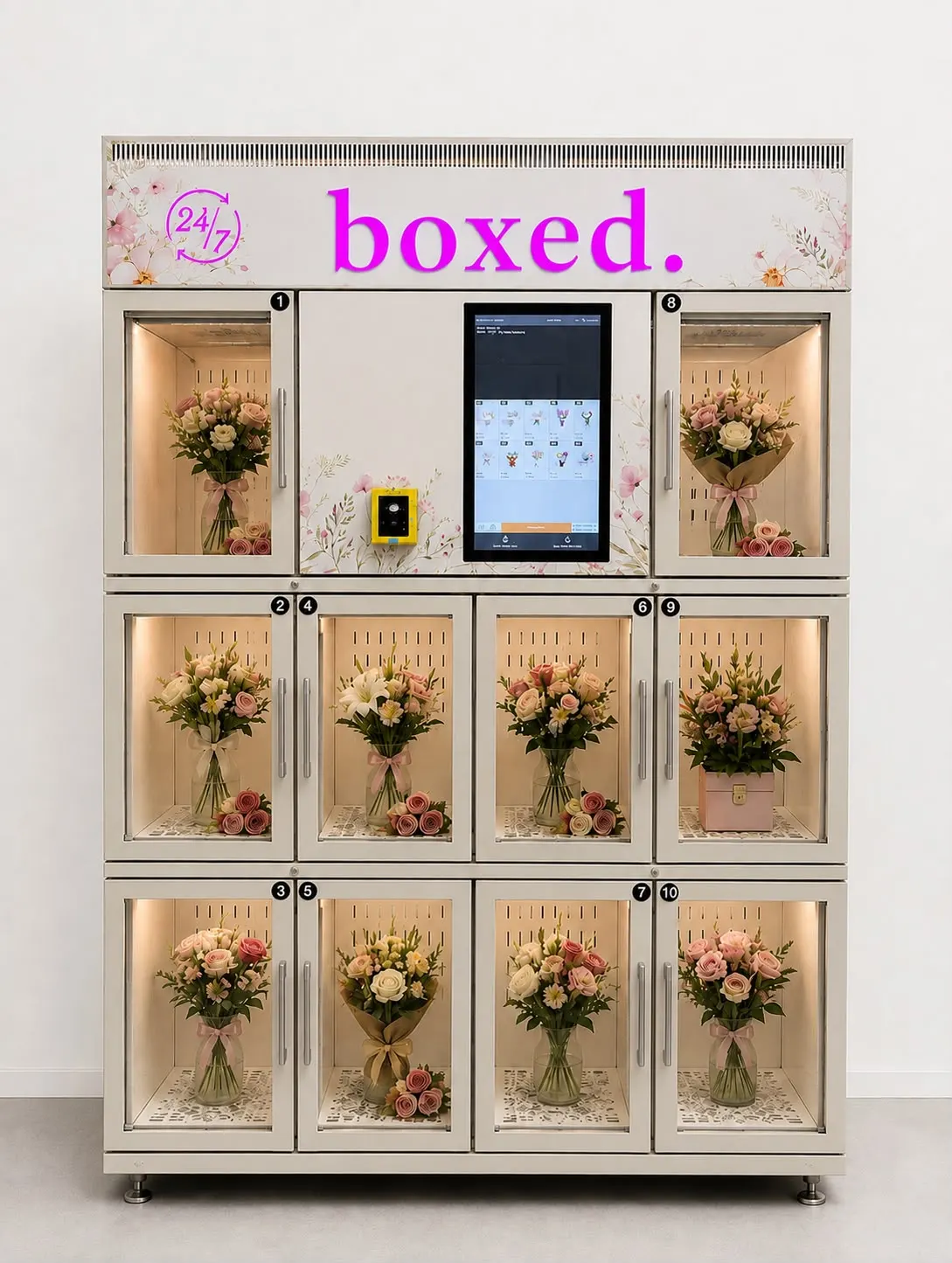 boxed. 10-Fach Verkaufsautomat für innen, hier mit Blumen bestückt