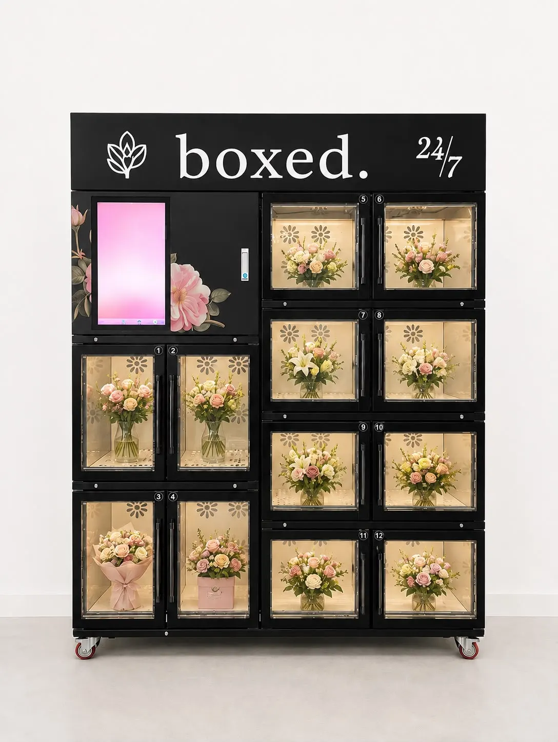boxed. 12-Fach Verkaufsautomat für innen, hier mit Blumen bestückt