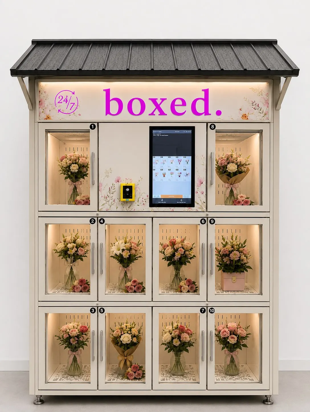 boxed. 10-Fach Verkaufsautomat für außen, hier mit Blumen bestückt