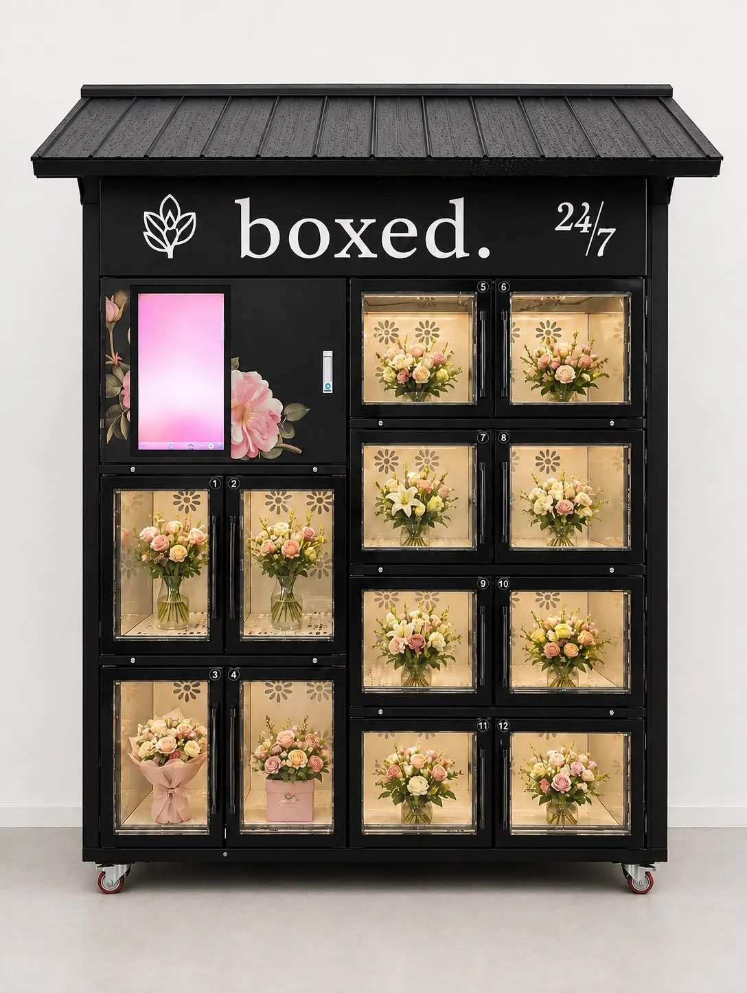 boxed. 12-Fach Verkaufsautomat für außen, hier mit Blumen bestückt