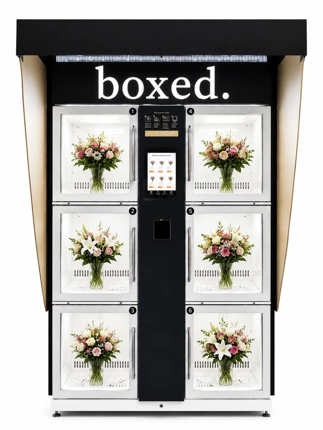 boxed. 6-Fach Verkaufsautomat für außen, hier mit Blumen bestückt